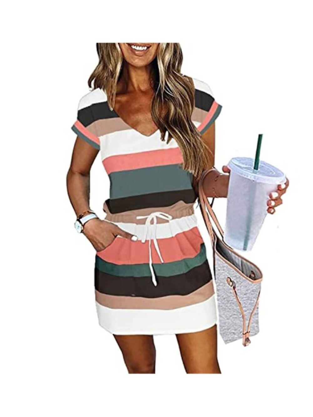 Womens Summer Dress Lantern Sleeve Square Neck Tie Front A-Line Double Layer